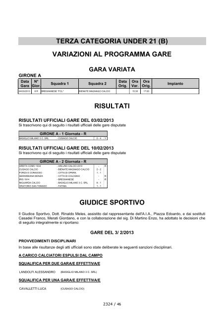 Comunicato Ufficiale N° 46 del 14/02/2013 - Lariosport