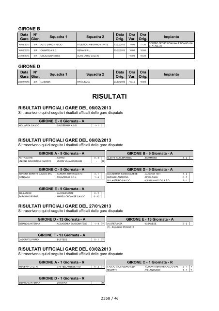 Comunicato Ufficiale N° 46 del 14/02/2013 - Lariosport