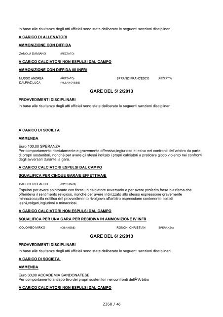 Comunicato Ufficiale N° 46 del 14/02/2013 - Lariosport