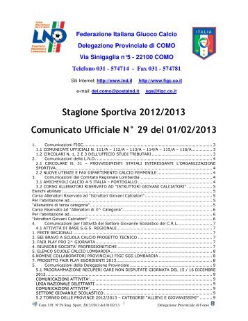 comunicato provinciale Como n. 29 del 1 febbraio 2013