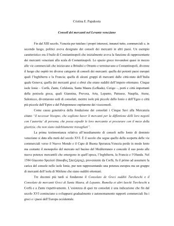 Cristina E. Papakosta Consoli dei mercanti nel Levante veneziano ...