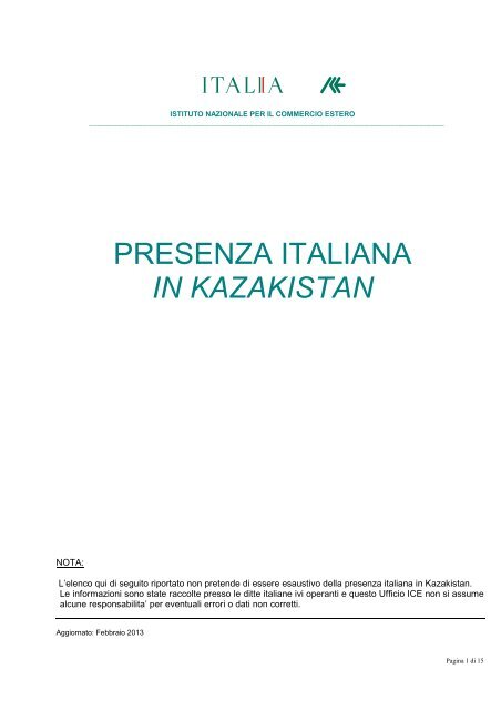 PRESENZA ITALIANA IN KAZAKISTAN AL FEBBRAIO 2013 - Ice
