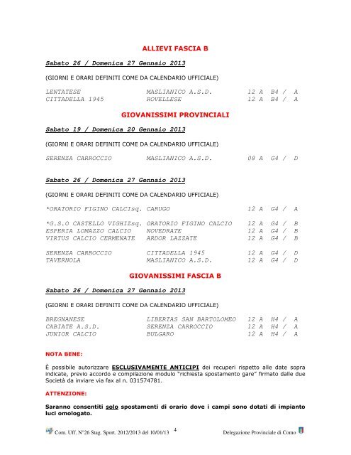 Stagione Sportiva 2012/2013 Comunicato Ufficiale N° 26 del 10/01 ...