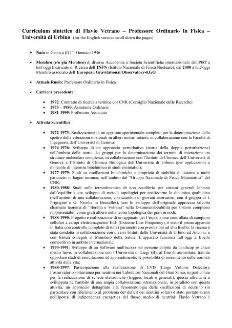 Curriculum sintetico di Flavio Vetrano – Professore Ordinario in Fisica