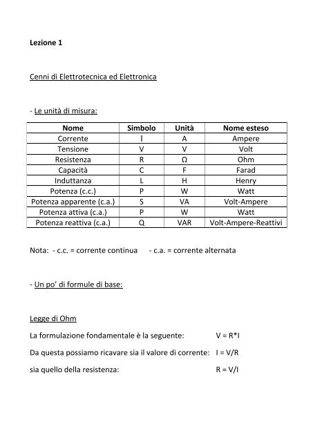 Lezione 1 Cenni di Elettrotecnica ed Elettronica - Le unità di misura ...