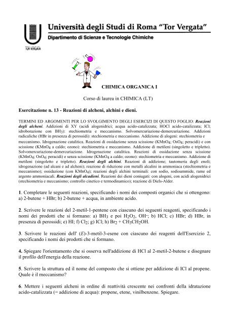 Esercitazione N 13 Reazioni Di Alcheni Alchini E Dieni