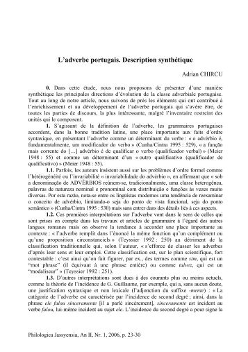 L'adverbe portugais. Description synthétique - Philologica Jassyensia
