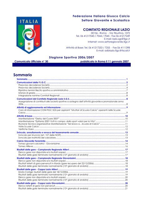 CU30 del 11 gennaio 2007 - Figc - Federazione Italiana Giuoco Calcio
