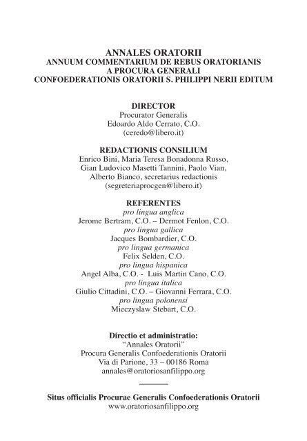 Annales Oratorii Confederazione Dell Oratorio Di San Filippo Neri
