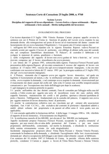 Sentenza Corte di Cassazione 25 luglio 2000, n. 9760 - LavoroPA