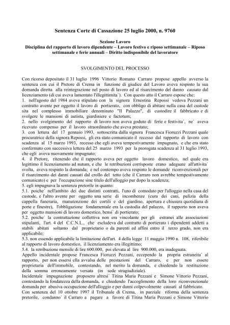 Sentenza Corte di Cassazione 25 luglio 2000, n. 9760 - LavoroPA