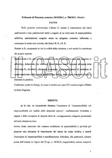 Tribunale di Piacenza; sentenza l8fl0f2011, n. 780;'2011 ... - IL CASO.it