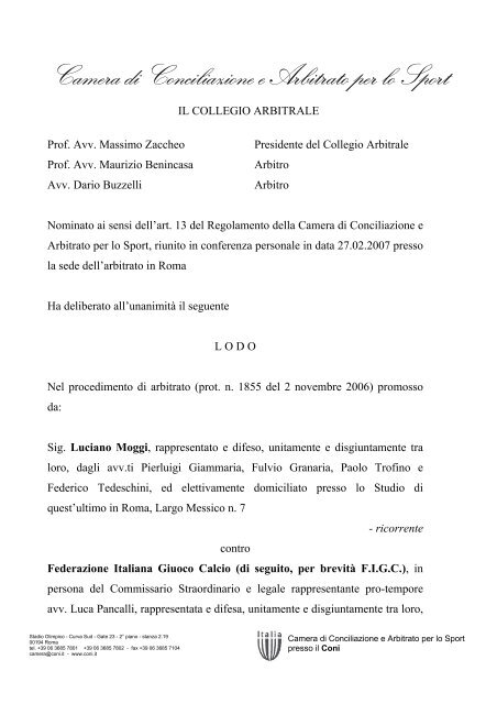 Camera di Conciliazione e Arbitrato per lo Sport - Download