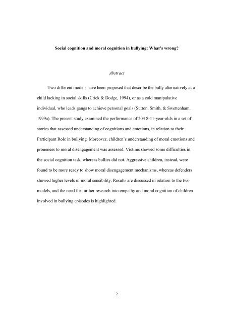 Social cognition and moral cognition in bullying: What's ... - DPSS