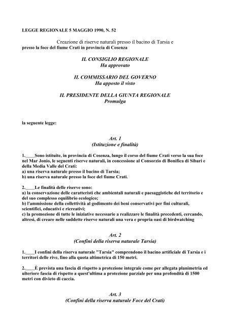 Creazione di riserve naturali presso il bacino di Tarsia e IL ...