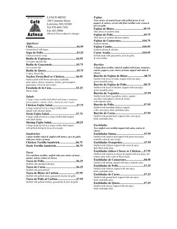 LUNCH MENU 180 Common Street Lawrence MA ... - Cafe Azteca