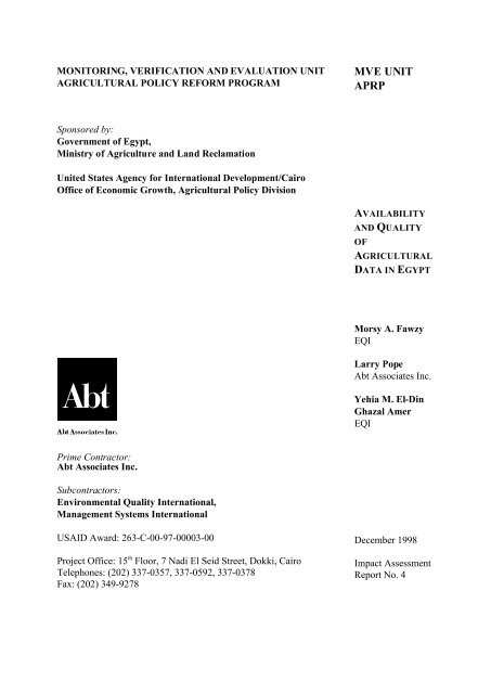 Availabilty and Quality Of Agricultural Data in Egypt - Abt Associates