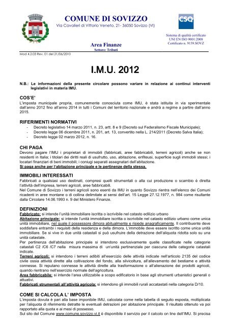 IMU: informazioni generali - Comune di Sovizzo