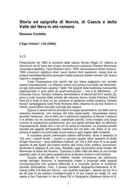 Storia ed epigrafia di Norcia, di Cascia e della Valle ... - ager veleias