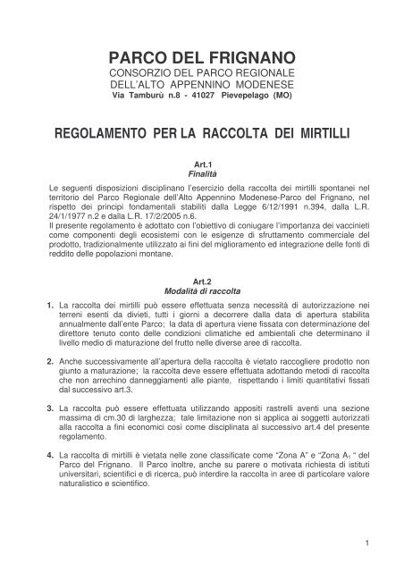 regolamento per la raccolta dei mirtilli - Parco del Frignano