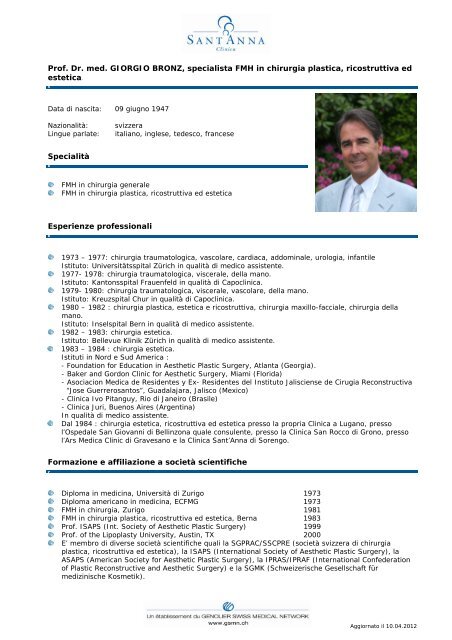 Prof. Dr. med. GIORGIO BRONZ, specialista ... - Clinica Sant'Anna