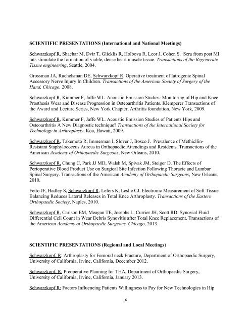 Dr. Schwarzkopf's CV - Orthopaedic Surgery