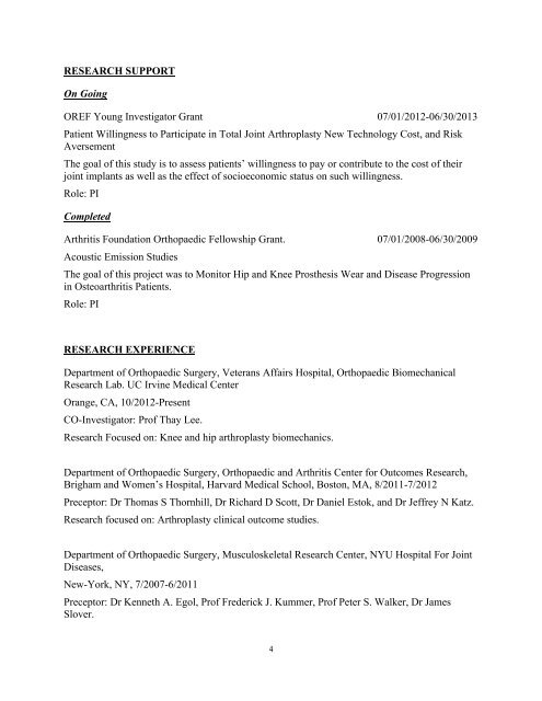 Dr. Schwarzkopf's CV - Orthopaedic Surgery