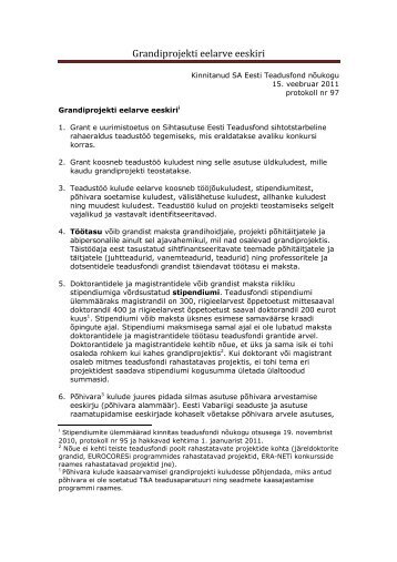 1 Grandiprojekti eelarve eeskiri 2012 - Eesti Teadusfond