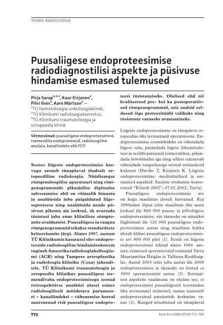 Puusaliigese endoproteesimise radiodiagnostilisi ... - Eesti Arst