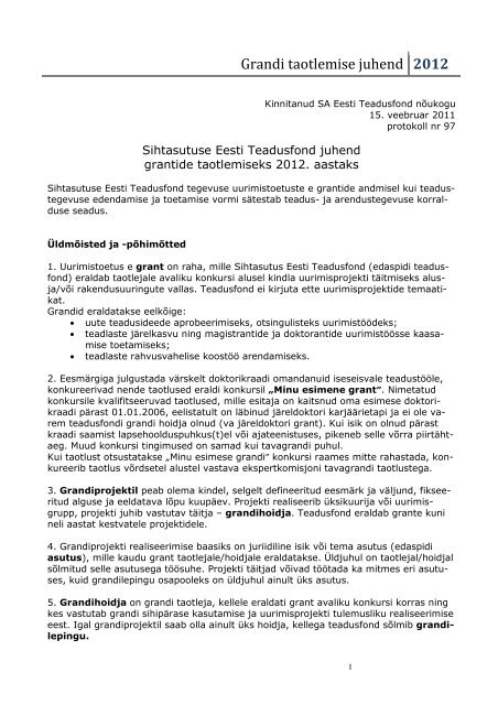 Grandi taotlemise juhend 2012 - Eesti Teadusfond