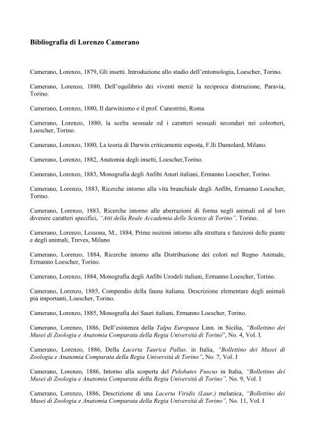 Bibliografia di Lorenzo Camerano - Università degli Studi di Torino
