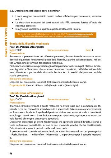 C o rs i 2 0 1 1 /2 0 1 2 - Facoltà di Teologia di Lugano