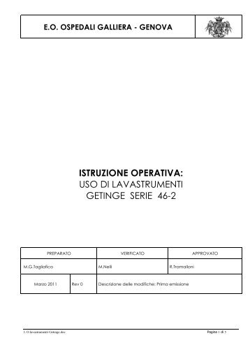 Istruzione operativa uso lavastrumenti Getinge - Ospedale Galliera