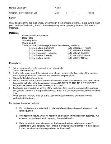 Printables Precipitation Reactions Worksheet chem 1020 precipitation reactions worksheet for each of the lab