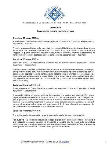 Massimario 2010 commissione disciplina di I istanza - ENCI