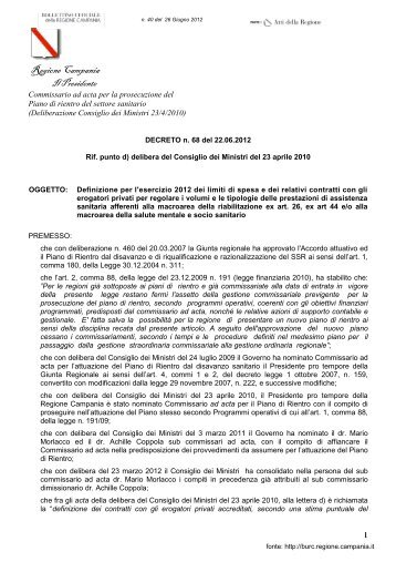 Decreto Commissario ad Acta n. 68 del 22.06.2012 - AIOP Campania
