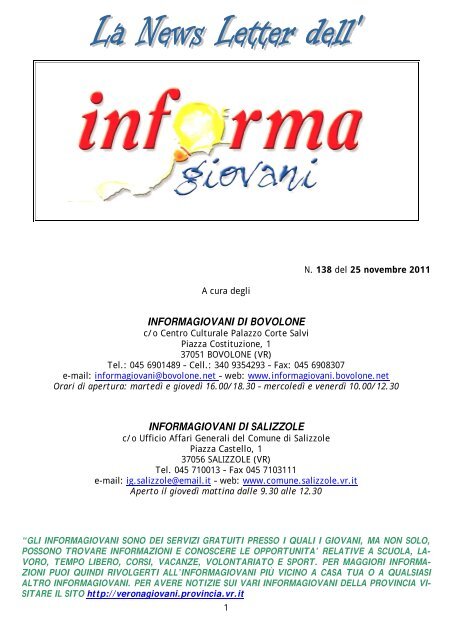 INFORMAGIOVANI DI BOVOLONE INFORMAGIOVANI DI SALIZZOLE