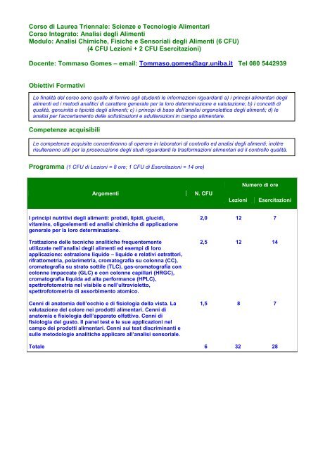 Analisi chimiche, fisiche e sensoriali degli alimenti - Università degli ...