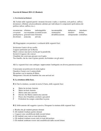 Esercizi di Sintassi 2011-12 (Benincà) A1 ... - Lettere e Filosofia