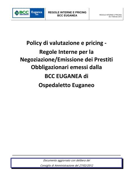 Policy Di Valutazione E Pricing Regole Interne Per