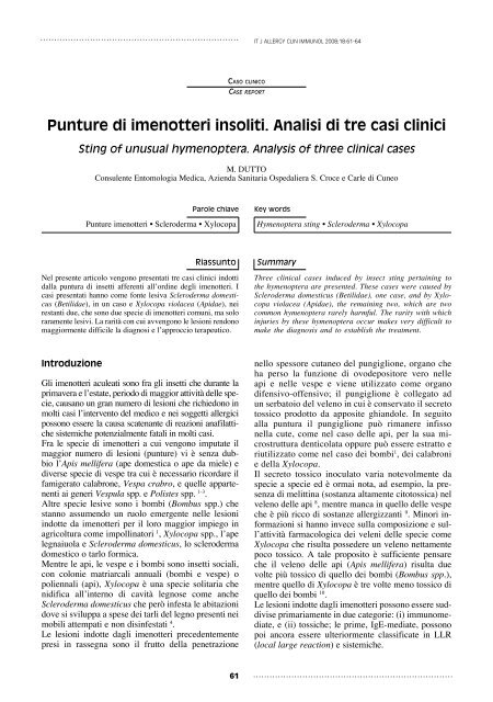 Punture di imenotteri insoliti. Analisi di tre casi ... - Apicoltura online