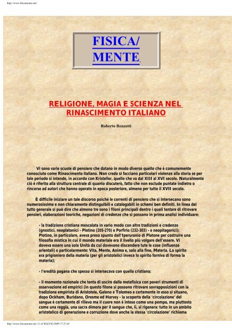 religione, magia e scienza nel rinascimento italiano - fisica/mente