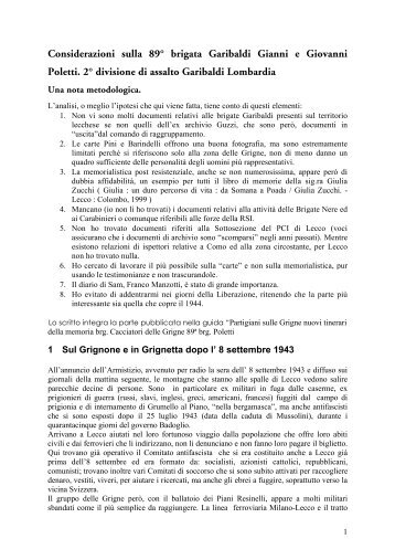 Considerazioni sulla 89° brigata Garibaldi Gianni e Giovanni Poletti ...