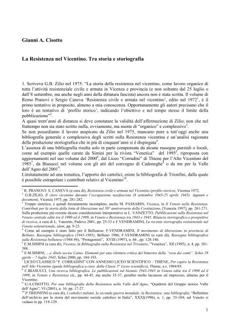 Scriveva G.B. Zilio nel 1975: “La storia della resistenza ... - ISTREVI