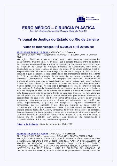 ERRO MÉDICO – CIRURGIA PLÁSTICA - Tribunal de Justiça do ...