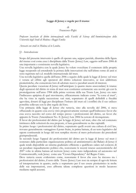 Legge di Jersey e regole per il trustee di Francesco ... - Il-trust -in-italia