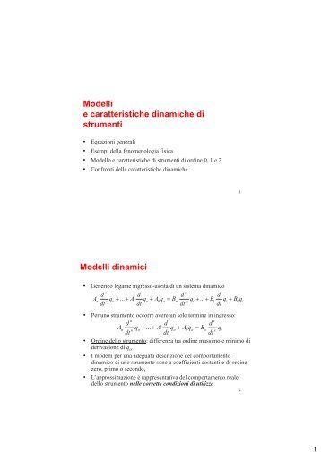 Modelli e caratteristiche dinamiche di strumenti Modelli dinamici