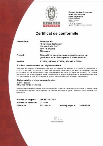 Certificat de conformité - Schoenau AG