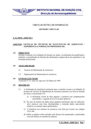 Circular Técnica de Informação n.º 98-01 - EDIÇÃO 1 - Instituto ...