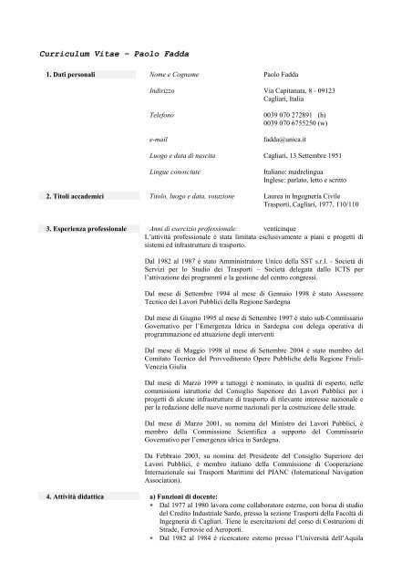 Curriculum Vitae – Paolo Fadda - Università degli studi di Cagliari.